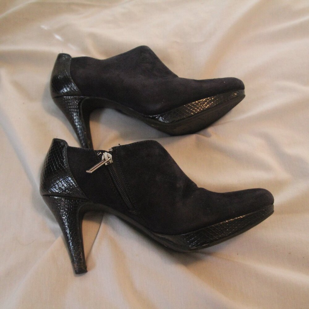 Boots. Black with faux croc trim.  Size 8M. Bandolino brand. Good condition.